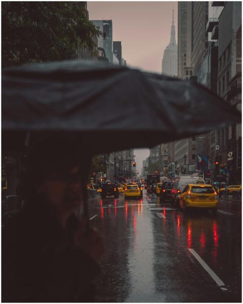 Moody urban scene featuring taxis on a rainy New Y