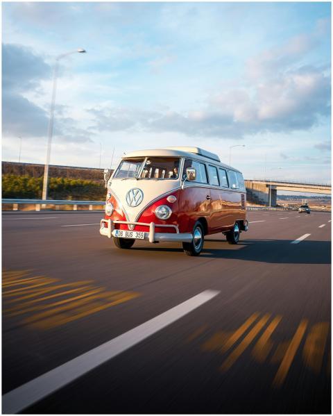 Classic red Volkswagen beetle cruising on a highwa