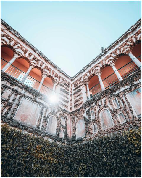 Low-angle view of a beautiful courtyard in Seville