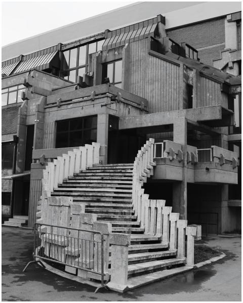 Explore the striking brutalist design of a buildin