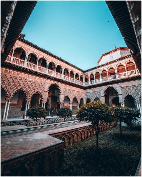 Beautiful courtyard of the Alcazar of Seville with