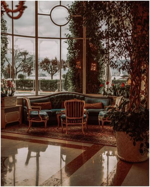 Luxury hotel lobby with views of Lake Maggiore in