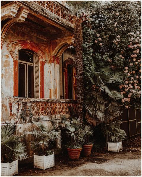 Explore a vintage villa with lush greenery in pict