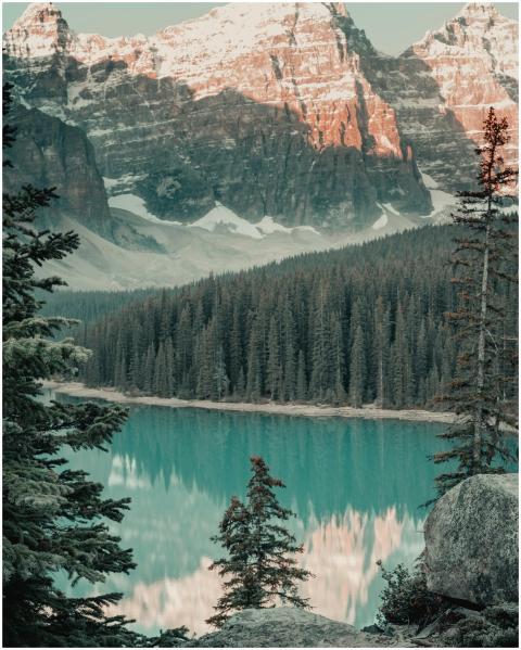 Scenic view of Moraine Lake with snow-capped mount