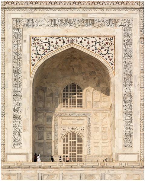 Close-up view of the Taj Mahal’s ornate facade sho
