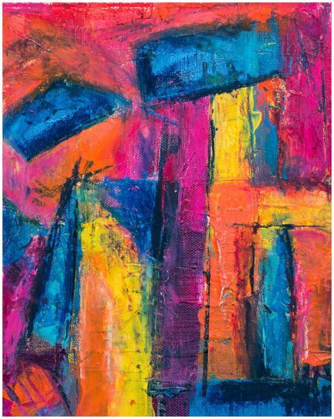 A colorful abstract painting with bold patterns an