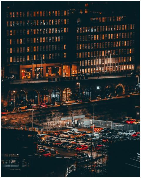 Nighttime view of a busy urban street in Edinburgh