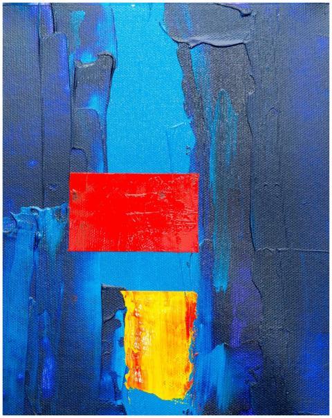 Vibrant abstract painting featuring bold blue, red