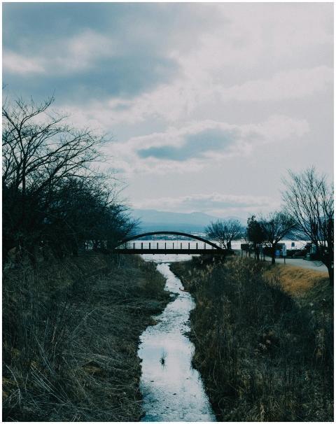 A serene winter landscape featuring a bridge over