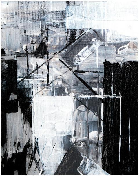 Dynamic abstract painting featuring black, white,