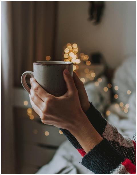Hands holding a warm mug indoors with soft bokeh l