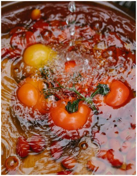 From above of fresh tasty red and yellow peppers p