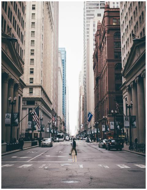 Classic view of a pedestrian crossing a bustling C
