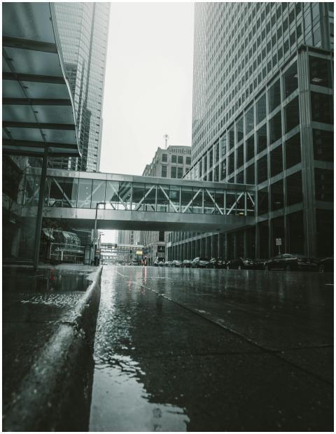 Downtown Minneapolis street view with rain reflect