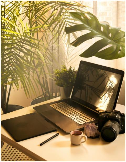 A stylish home office setup featuring a laptop, ca