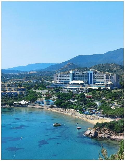 Stunning aerial view of a seaside resort surrounde