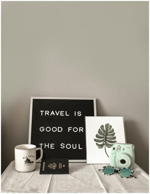 A travel-themed flat lay with a camera, coffee, an