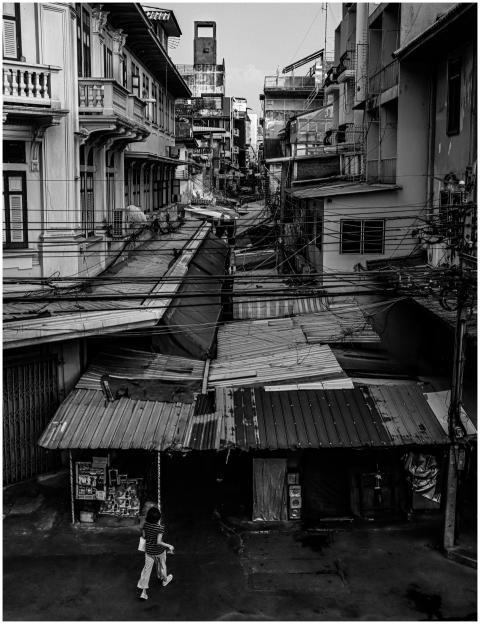 Intriguing black and white street scene showcasing
