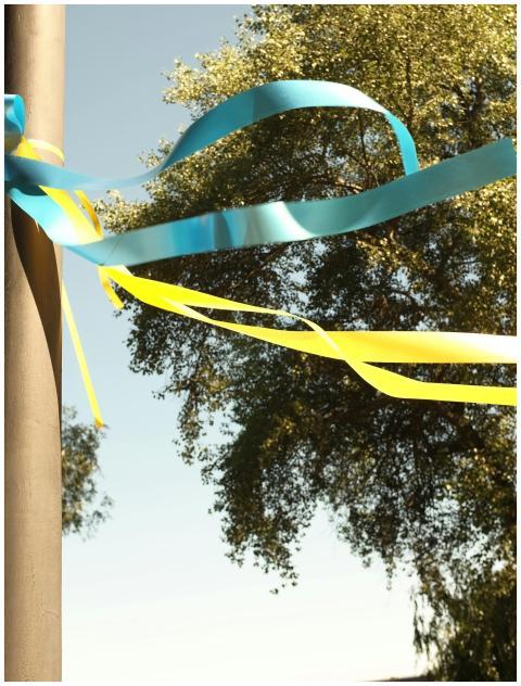 Vibrant ribbons in blue and yellow tied to a pole