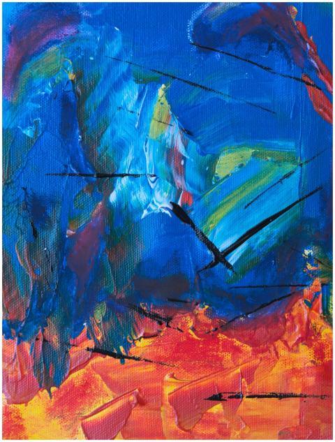 Dynamic abstract painting featuring vivid blues an