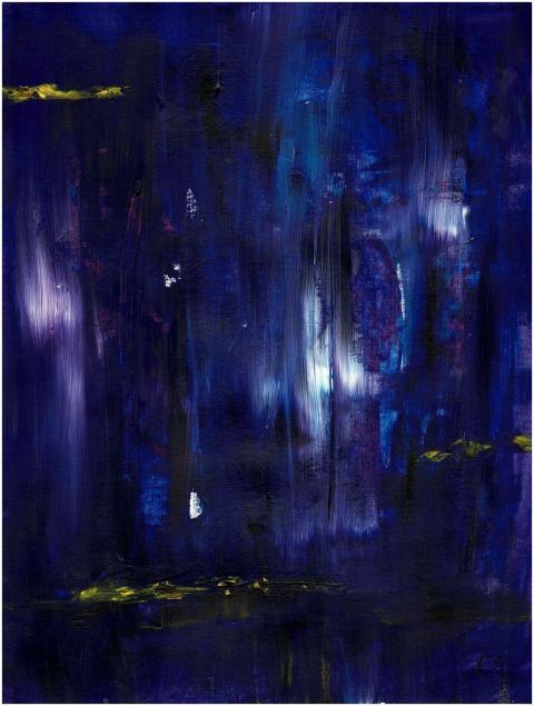 Dynamic abstract painting with rich blue, purple,