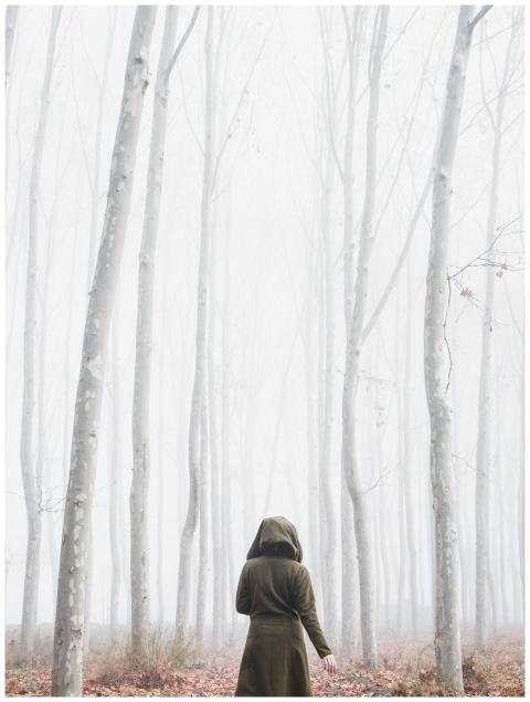 A solitary figure in a coat walking through a fogg