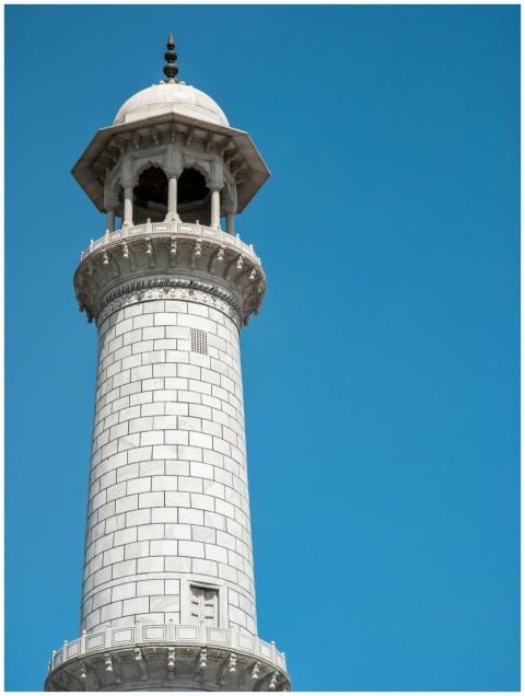 A close-up view of a Taj Mahal minaret in Agra, In