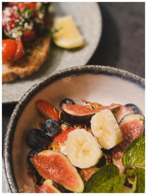 Delicious breakfast setup with a fresh fruit salad