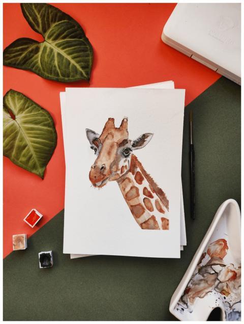A watercolor painting of a giraffe surrounded by l