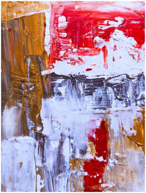Colorful abstract acrylic painting with vivid red,