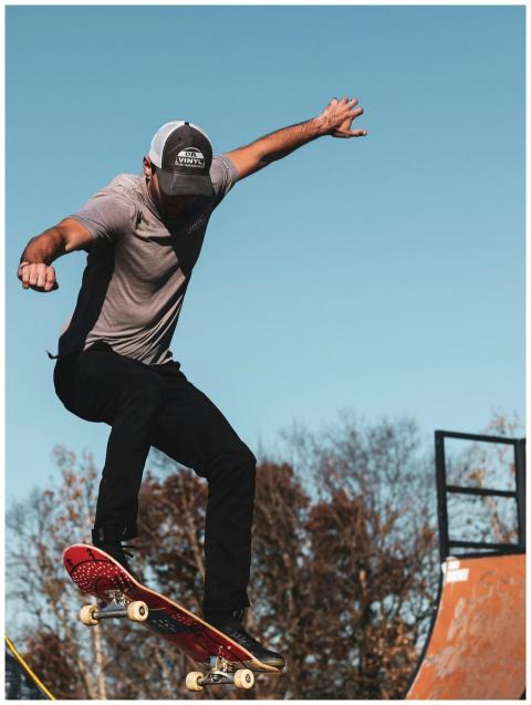 Skateboarder in action at a Kansas City skate park