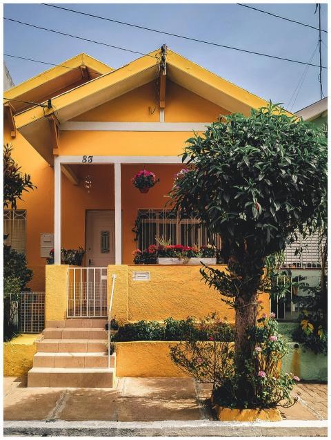Bright yellow house with lush garden, vibrant flow