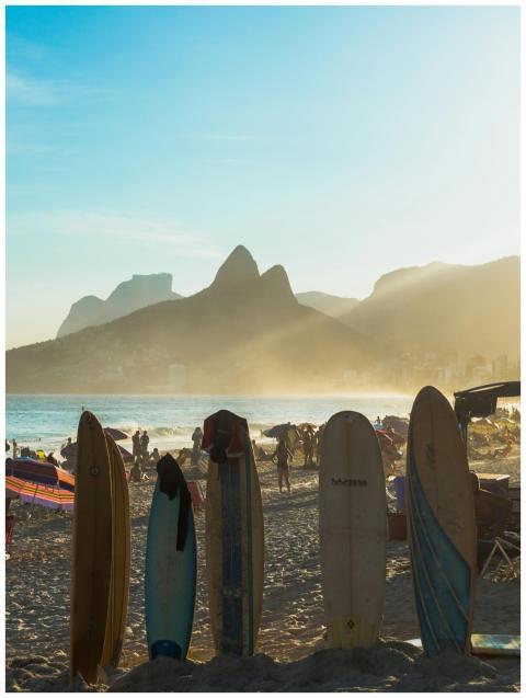 Surfboards lined up on Ipanema Beach in Rio de Jan