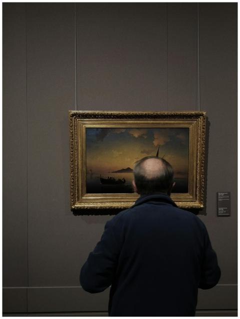 A man observes a painting in a Saint Petersburg mu