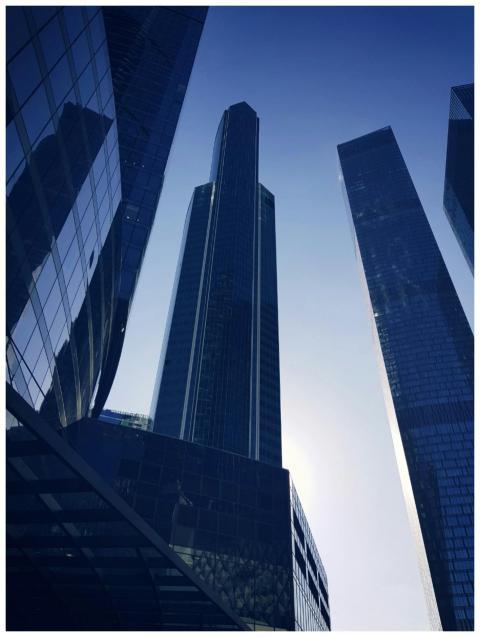 Low angle view of modern skyscrapers in Moscow wit