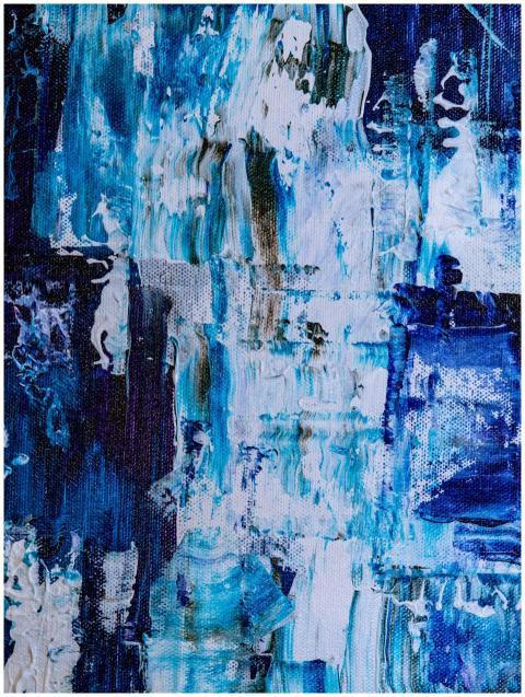 A vibrant abstract acrylic painting with blue, whi