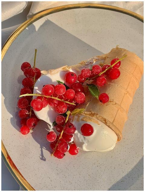 A delicious flatlay of red currant topped ice crea
