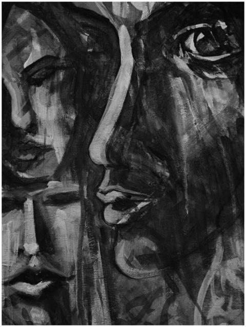 Dynamic black and white abstract faces captured in