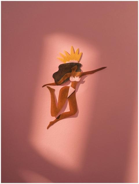 Abstract paper cutout art depicting a dynamic figu