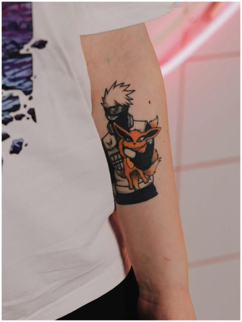 Close-up of an anime-themed tattoo on an arm, feat