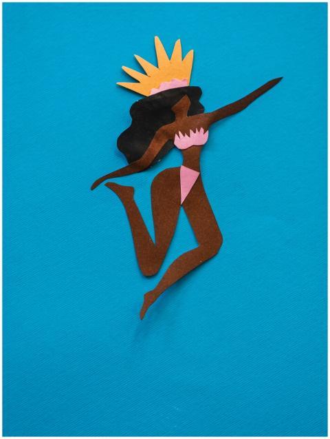 Colorful paper cutout of a dancer on a vibrant blu