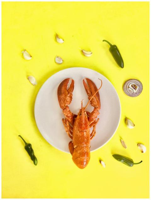 Top-down view of a lobster dish with garlic, peppe