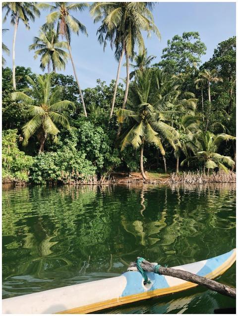 Peaceful tropical scene with canoe on a lush Sri L