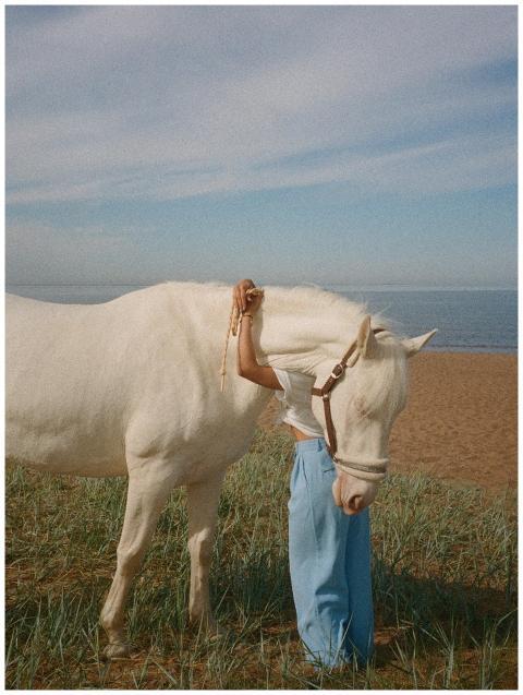 A serene scene of a woman embracing a white horse