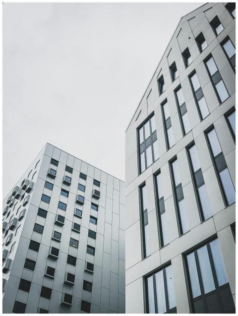 Low angle view of modern buildings in Gdańsk showc