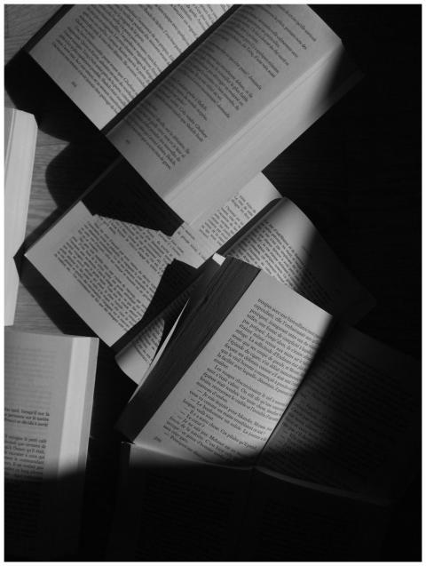 A cinematic black and white shot of open books, ca