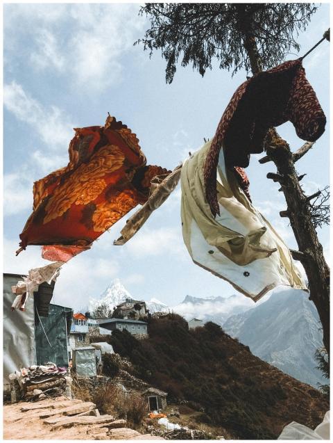 Colorful clothes flap energetically on a clothesli