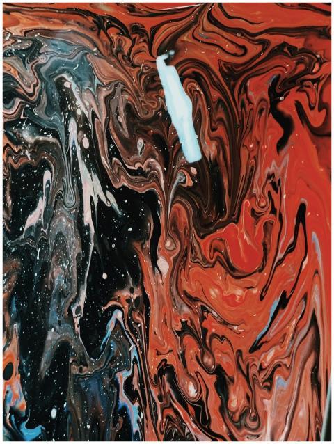 Vibrant abstract acrylic painting featuring bold r