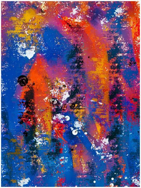 A colorful abstract art piece featuring dynamic te