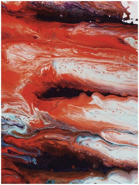 Dynamic red and white abstract fluid painting with